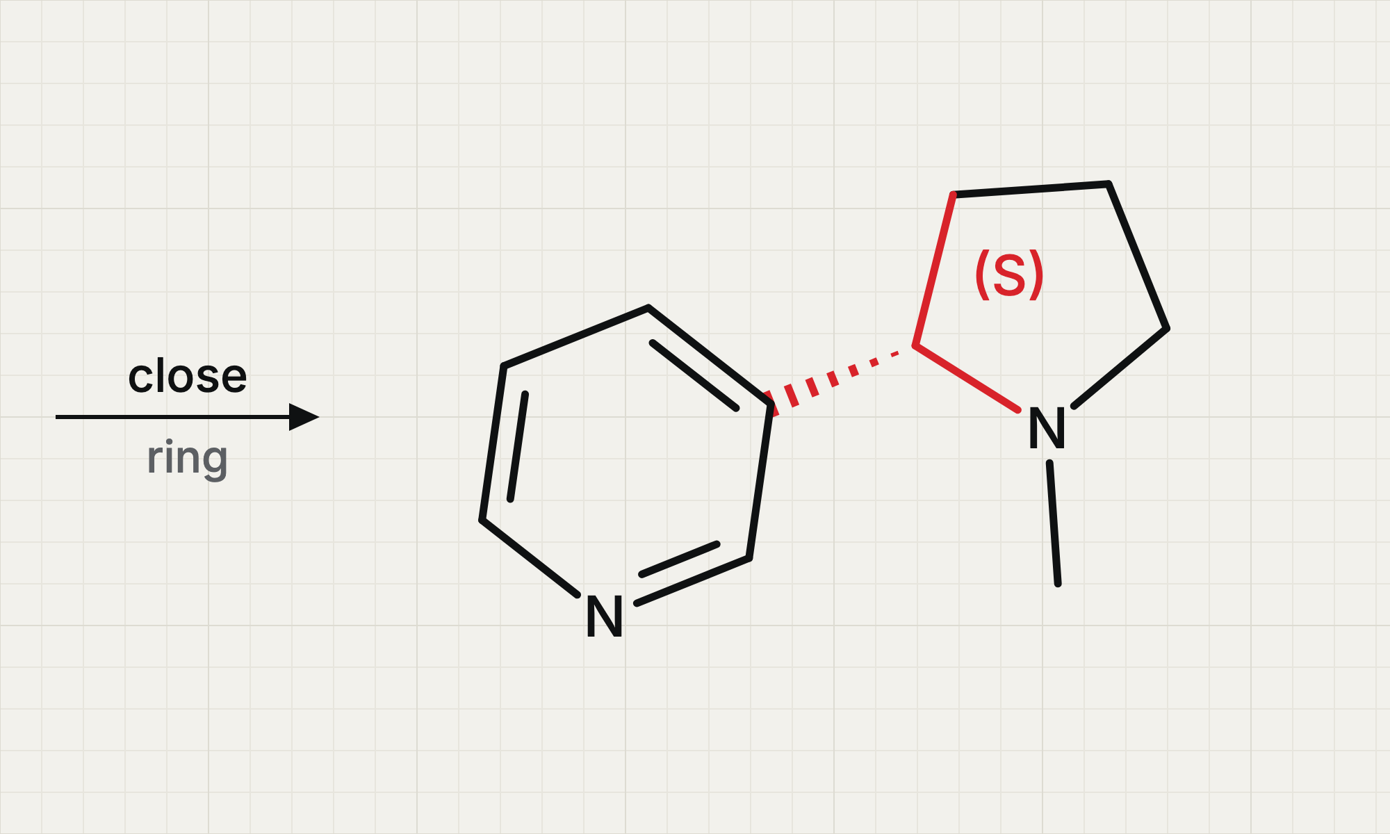 Drawing: the ring closes to (S)-nicotine, stereocentre highlighted